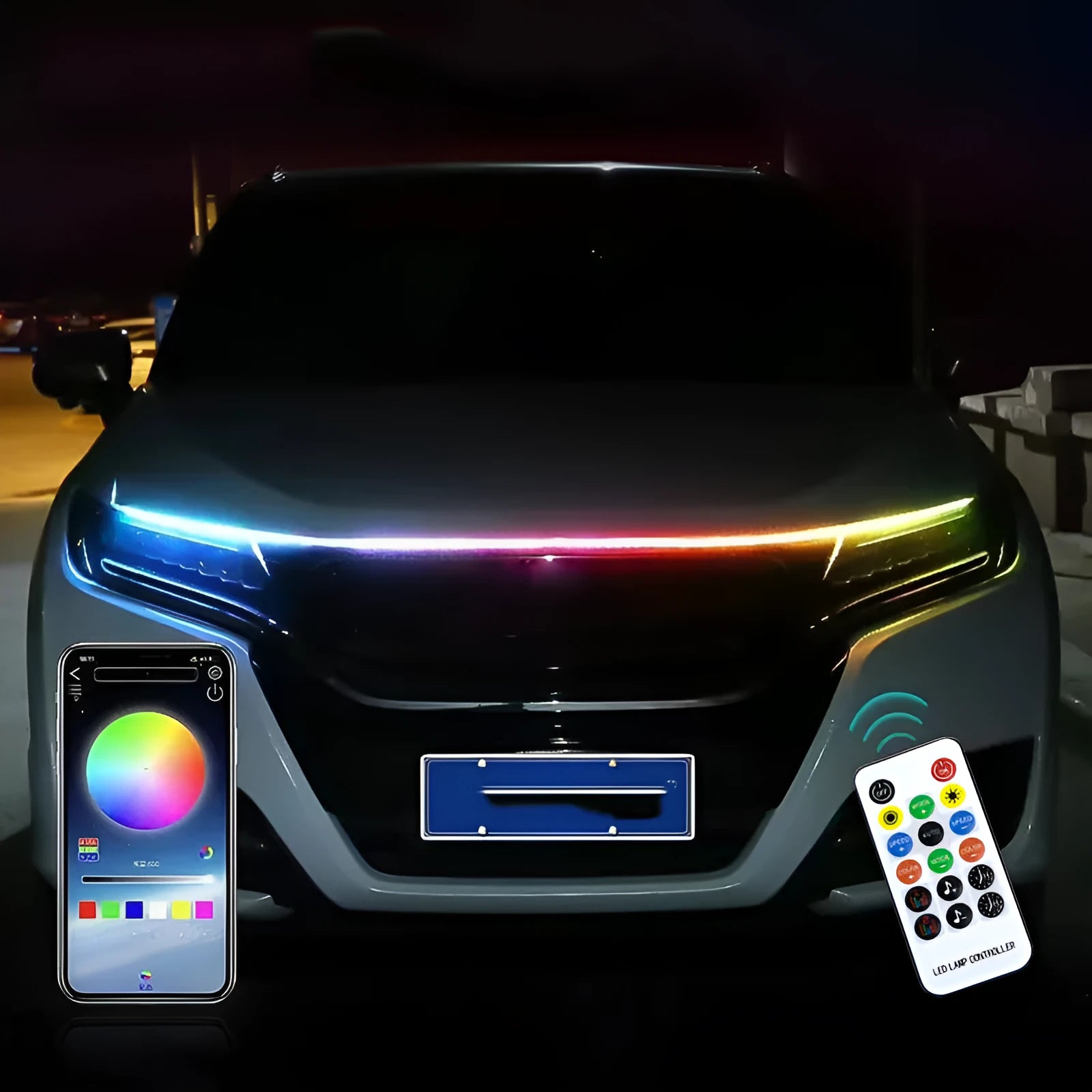 Flexible PVC LED strip light installed on a car engine cover showing white and red glow options