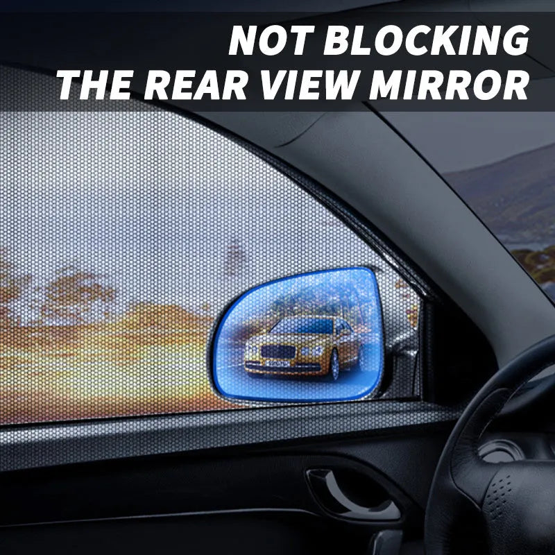 4-piece car side window sunshade set showing non-woven mesh material and elastic strip installation