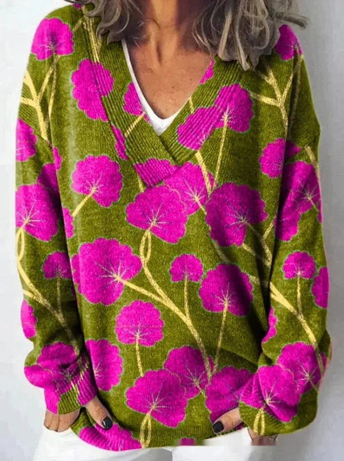 Women's V-neck long sleeve sweatshirt with a white-based 3D floral print pattern.