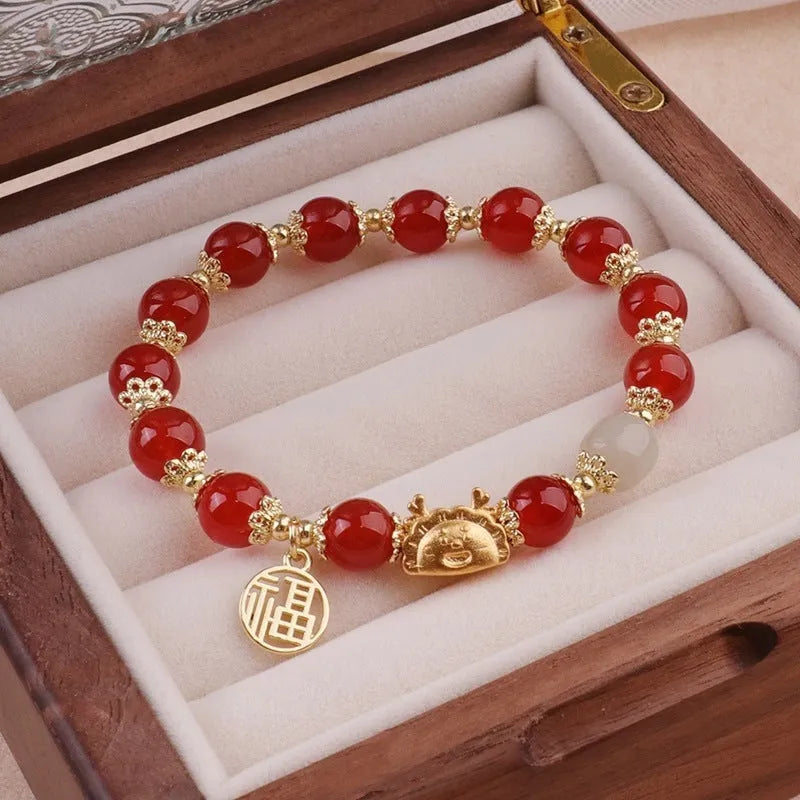 Women's floral glazed bracelet with ice crack glass beads and zodiac animal designs in red, pink and white colour options