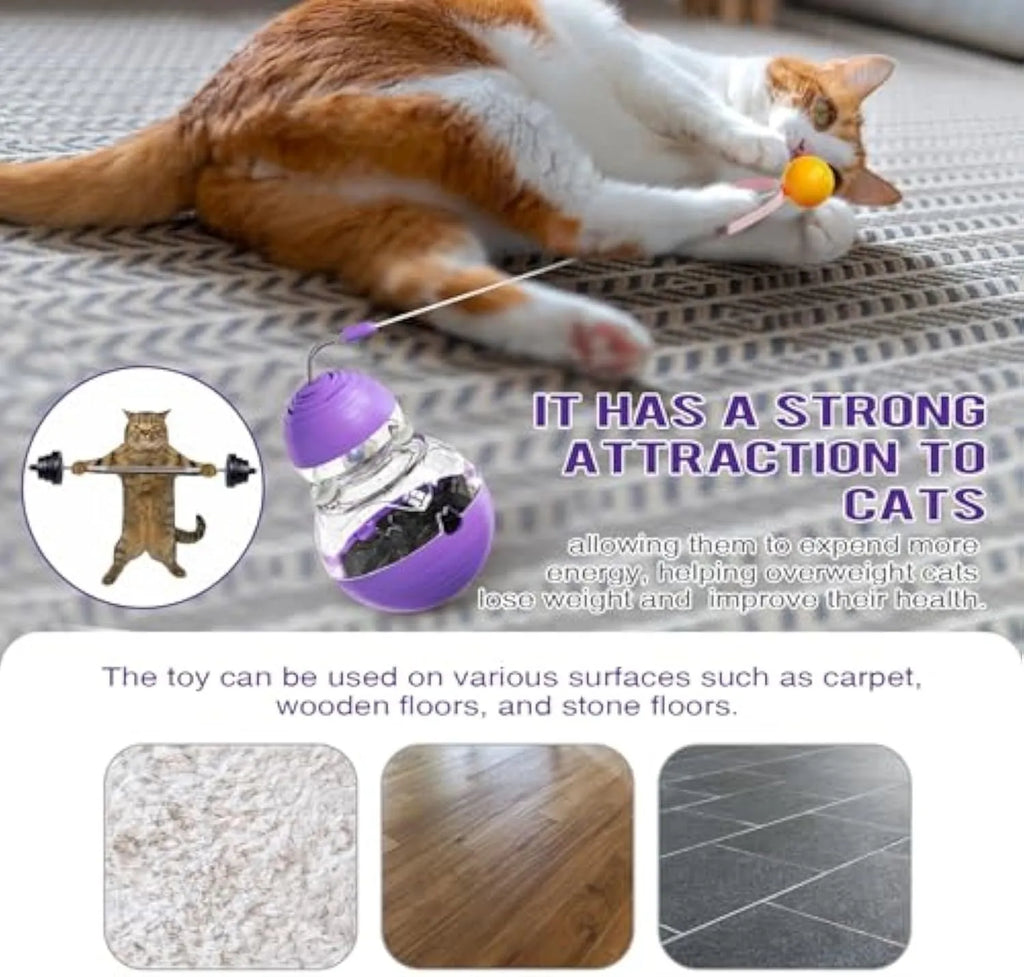 Electric yellow cat wand toy with plastic ball, ribbon teaser, and slow feeder compartment