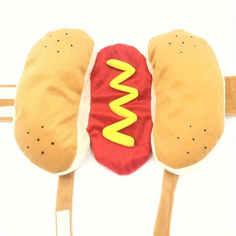Small dog wearing a brown and yellow stuffed hot dog costume coat with S M L sizing options