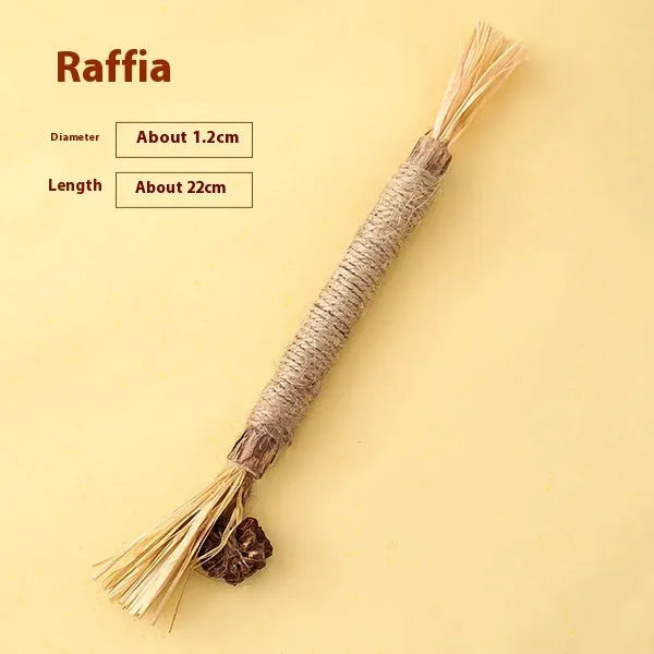 Large wooden cat chew toy with a 2.2cm diameter handle and a dangling teaser with catnip and feathers.