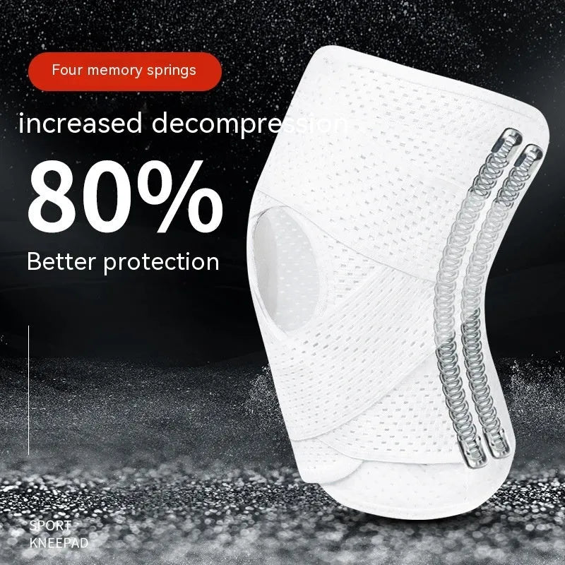Black and white mesh fabric knee protective sleeve for injury recovery during sports.