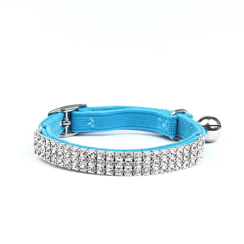 Adjustable velvet cat collar with rhinestones in red, blue, purple, black, or pink