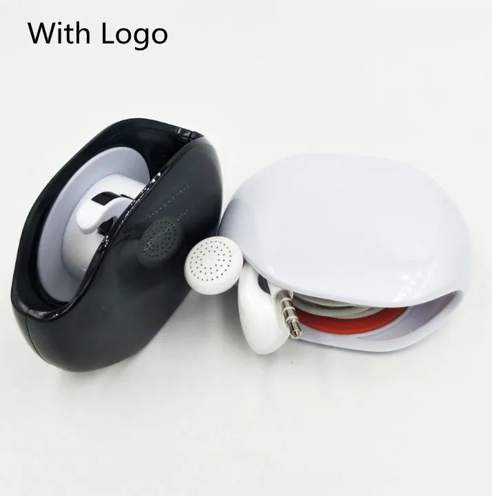 Automatic earphone cable winder retractor in assorted colours on a white background.