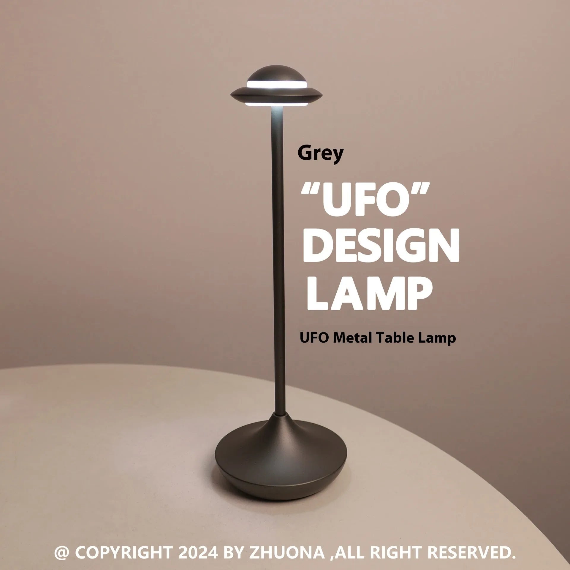 UFO-shaped metal table lamp with touch controls in black, gold or grey colour options