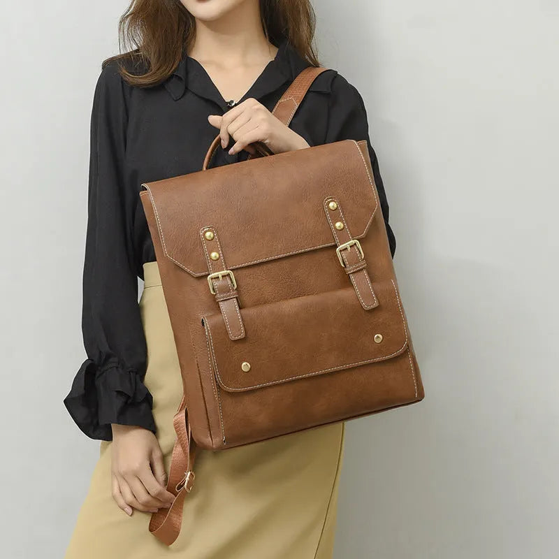 Korean style soft PU backpack in creamy white colour with retro design