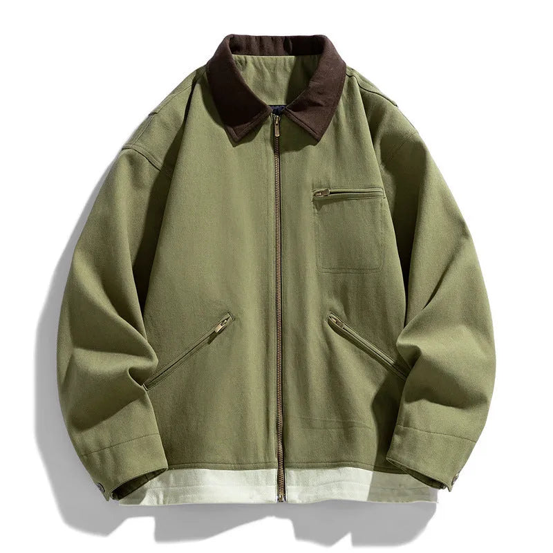 Men's retro workwear jacket with contrast lapels in loose autumn style