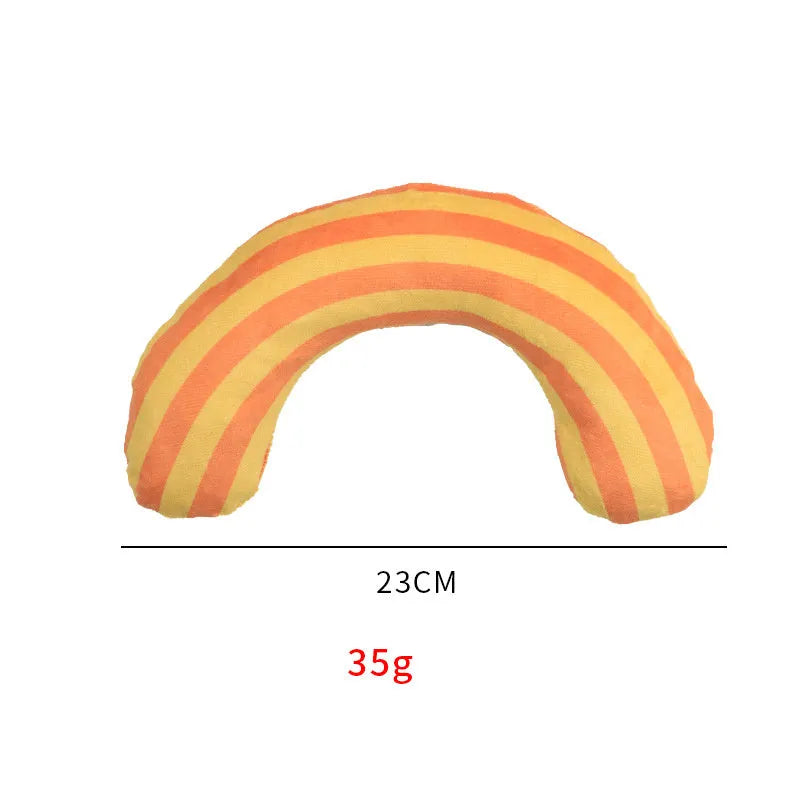 Set of four striped pattern cat pillow toys with catnip measuring 23 by 20 centimetres