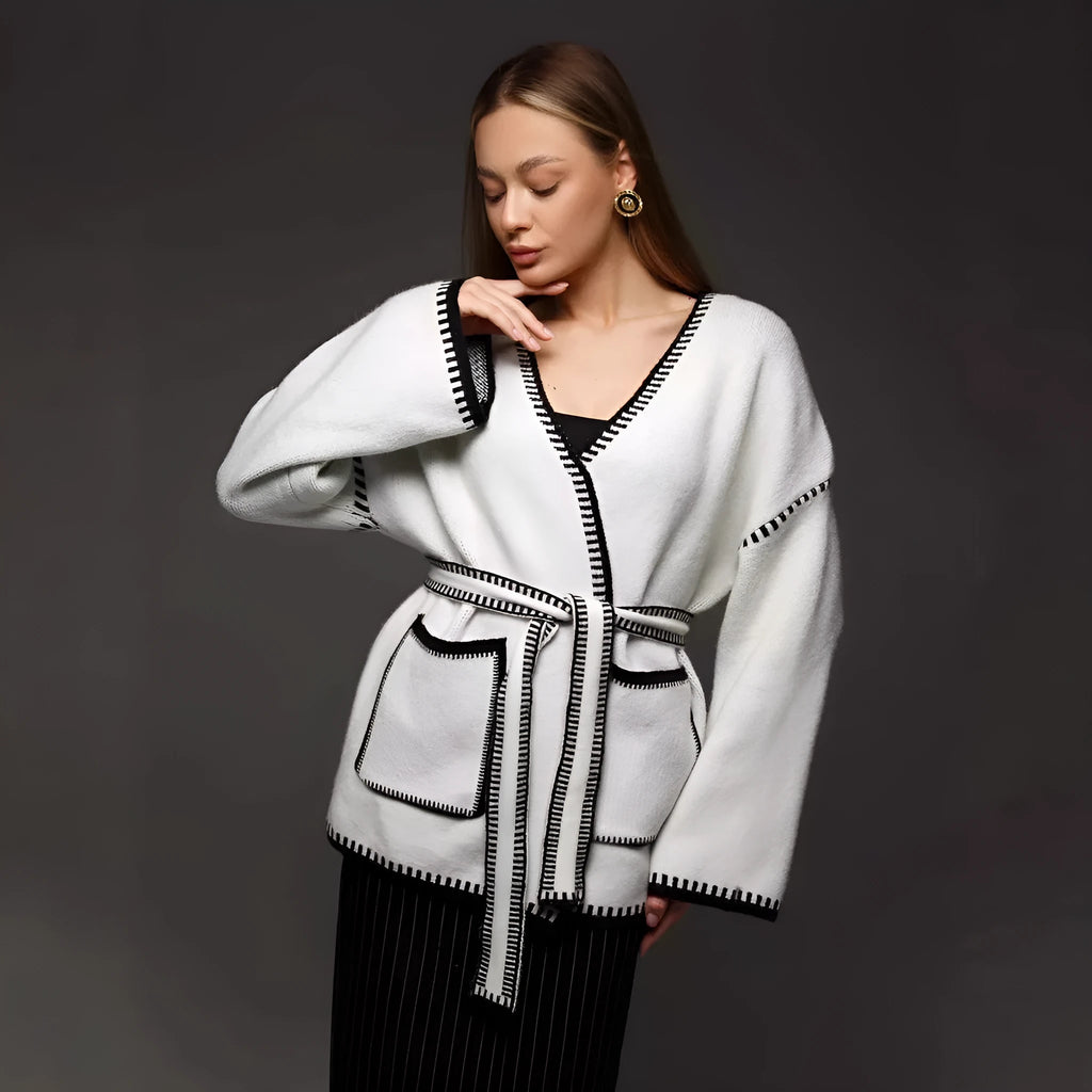 Loose mid-length knitted cardigan in imitation cashmere cotton fabric shown in black colour