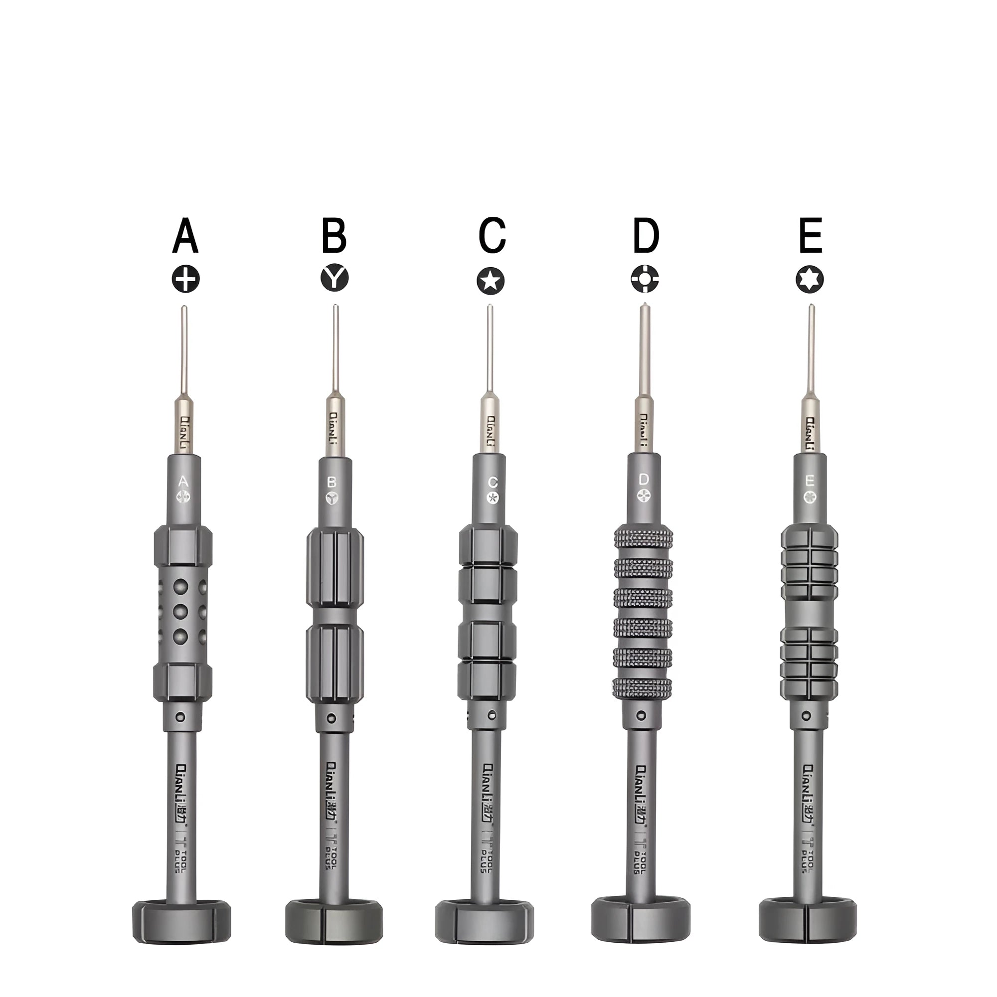 Precision screwdriver with grenade-shaped aluminium handle and five interchangeable heads for iPhone repair