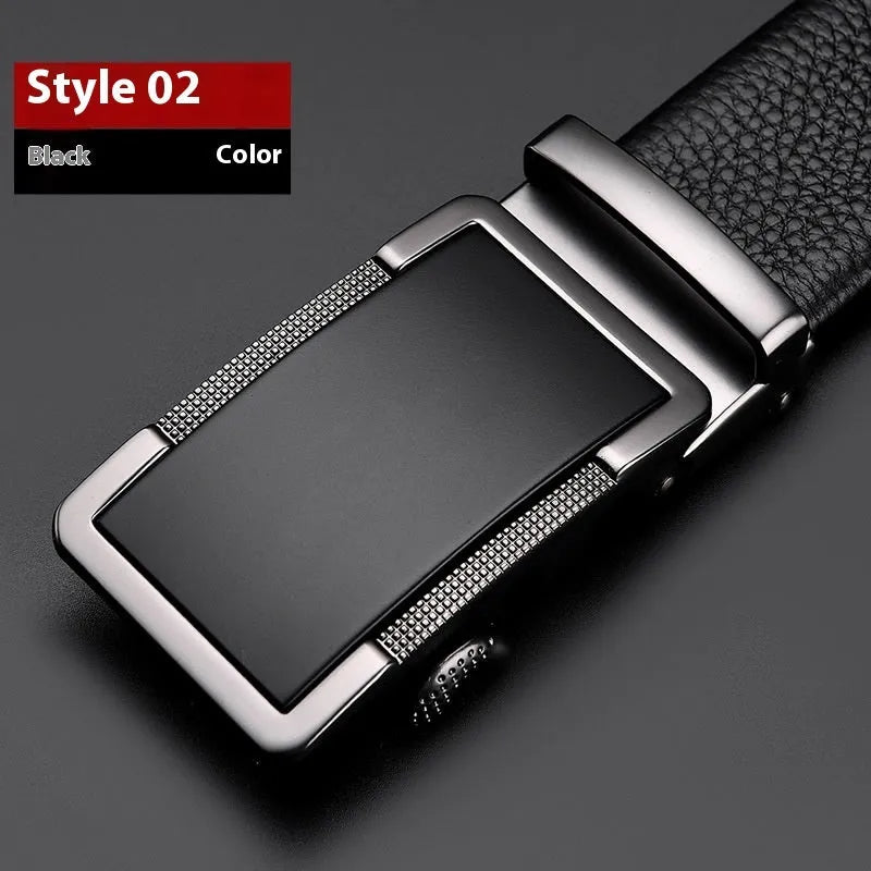 Men's gun black leather belt with an automatic alloy buckle, shown laid flat.