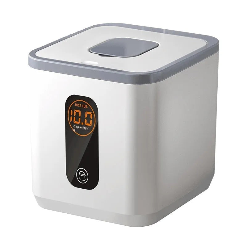 Grey plastic rice storage jar with sealed lid and measuring cup for kitchen grain storage