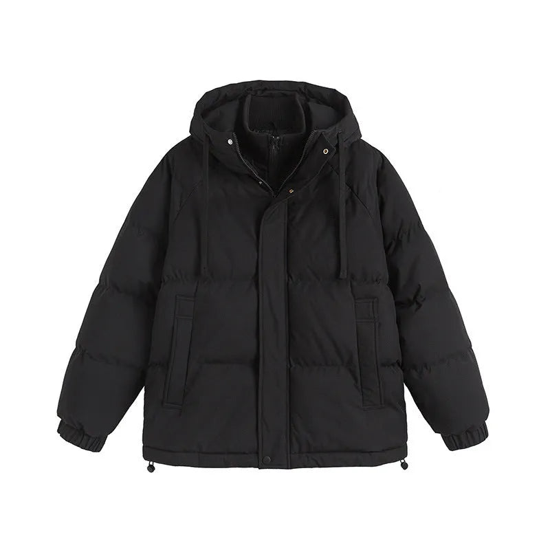 Loose fit fake two-piece winter coat in a solid colour with side seam pockets.