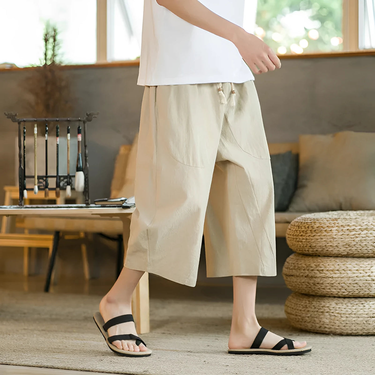 Plus size linen summer shorts in straight leg skinny open style, showing colour options and fit