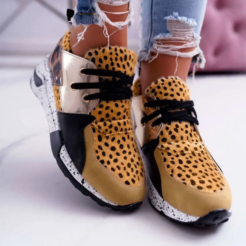 Women's casual sports shoes with suede upper, wedge heel, and round toe in multiple colour patterns