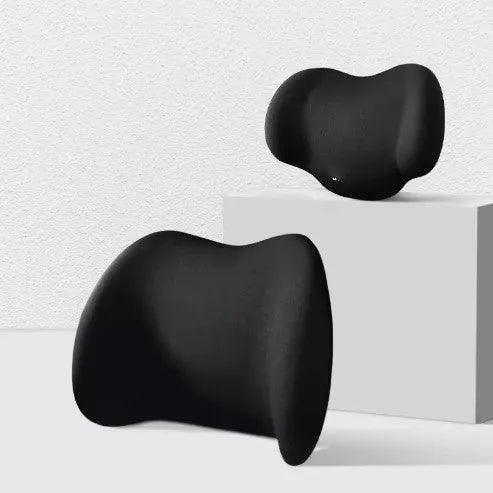 Memory foam car seat cushion set showing separate headrest pillow and waist support cushion