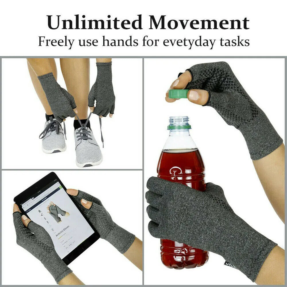 Grey half-finger compression gloves with anti-slip grip on palm surface