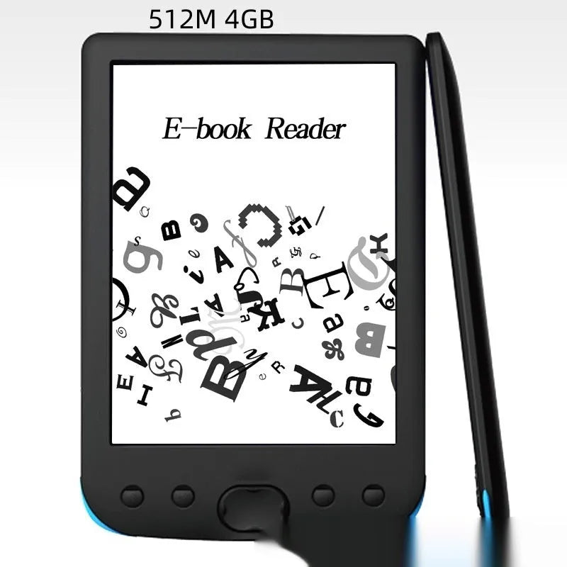 Black 6-inch E-ink e-book reader on a table showing its screen and compact size.