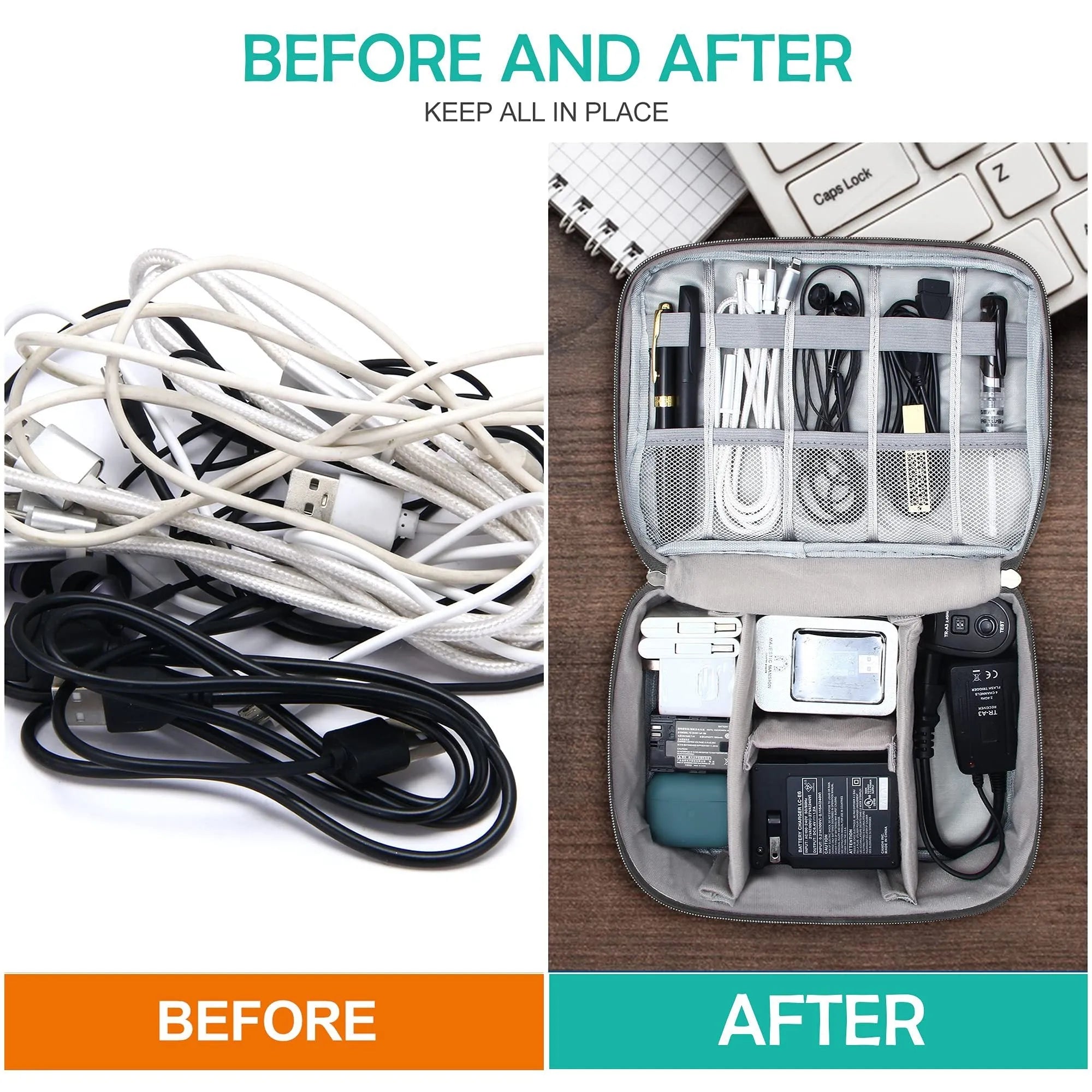 Black travel cable organiser bag open to show mesh pockets, elastic loops, and removable padded dividers inside.