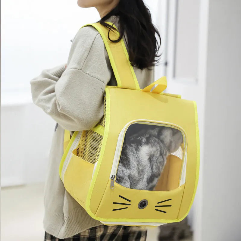 Pet carrier backpack in blue Oxford fabric, 35cm x 35cm x 25cm, with shoulder straps and breathable design for cats and small dogs.