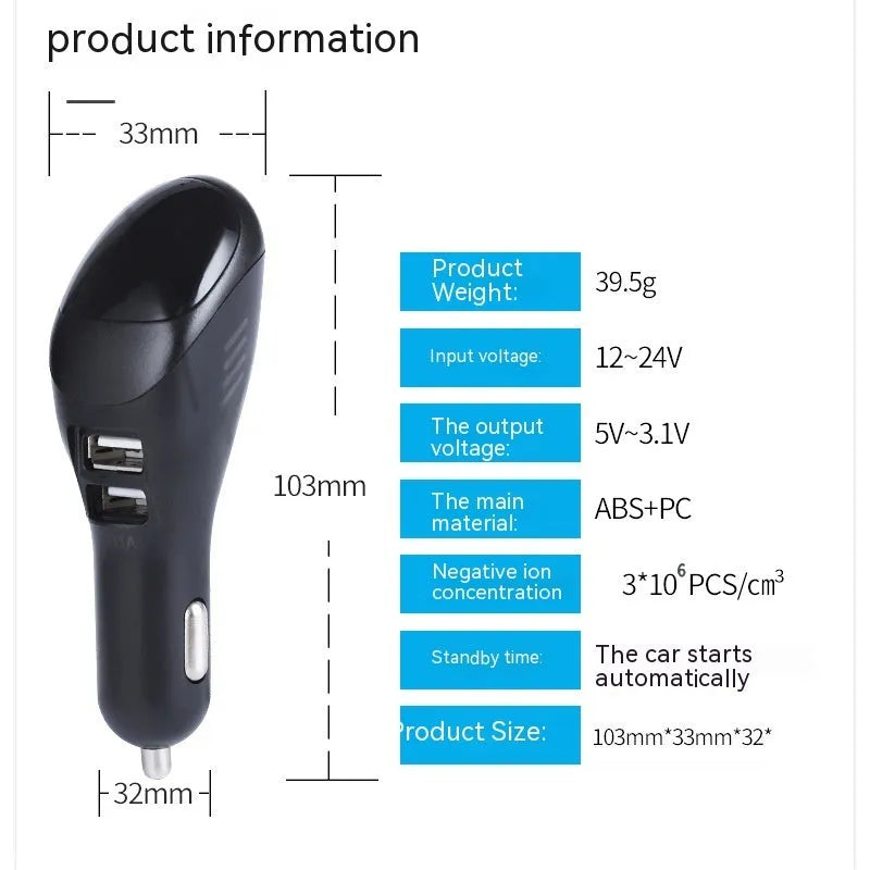 White car USB charger with integrated negative ion air purifier showing compact dimensions