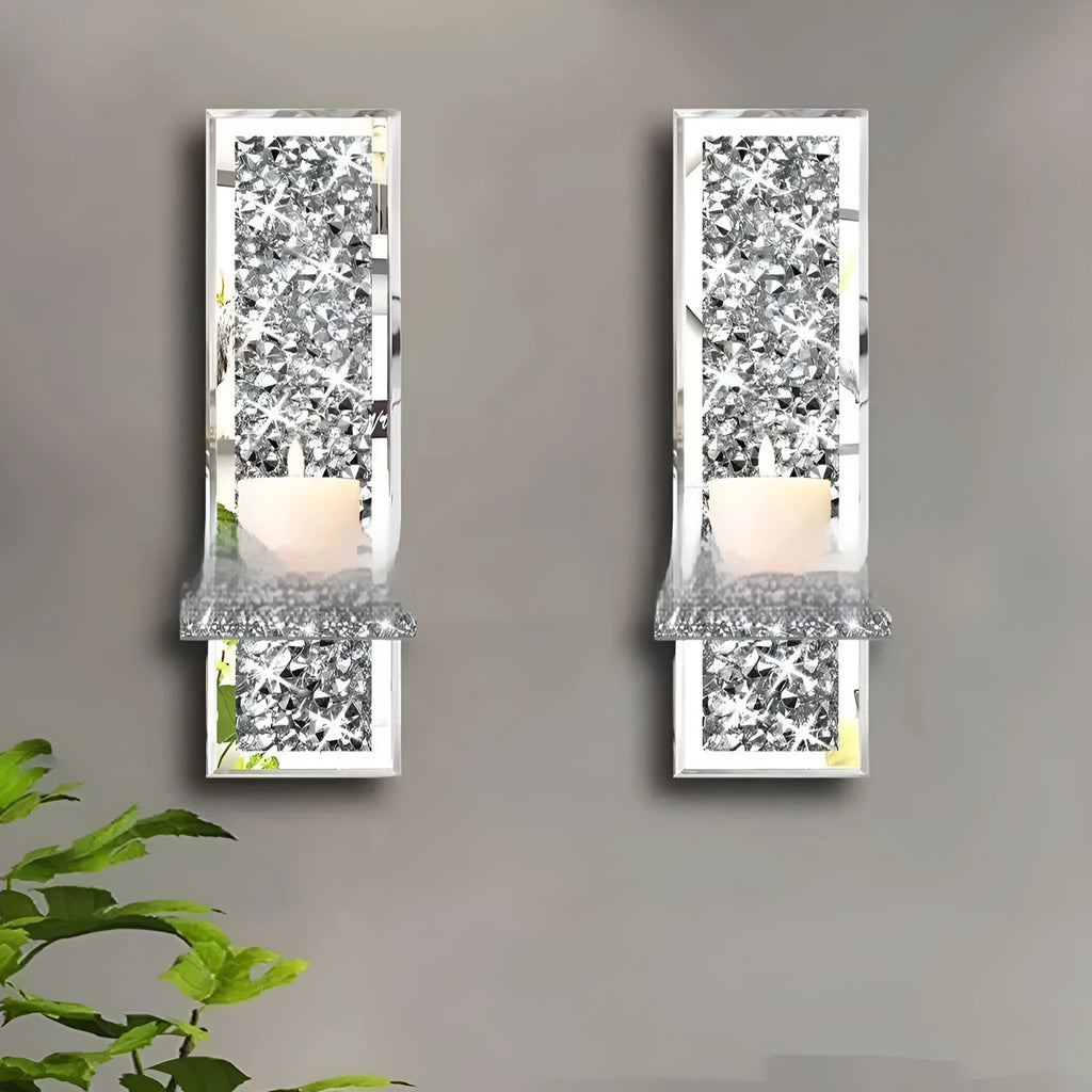 Pair of silver mirror glass candle holders for wall mounting with modern design