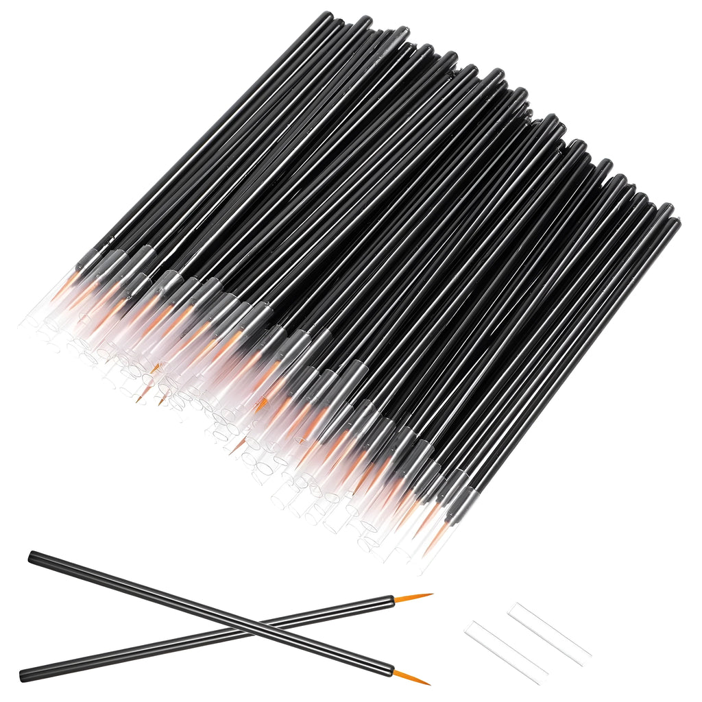 Pack of 100 black disposable eyeliner brushes with fine fibre tips and clear plastic protective sleeves