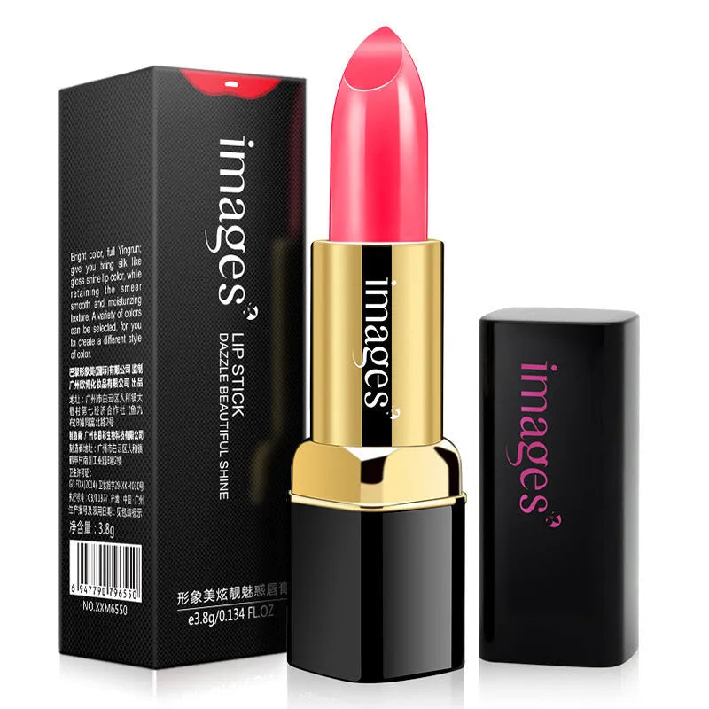 Moisturising lipstick lip gloss in a case showing colour range including coral red and pink.