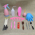 Succulent gardening tool set with watering can, tweezers, mini shovel, and rake for cactus care.