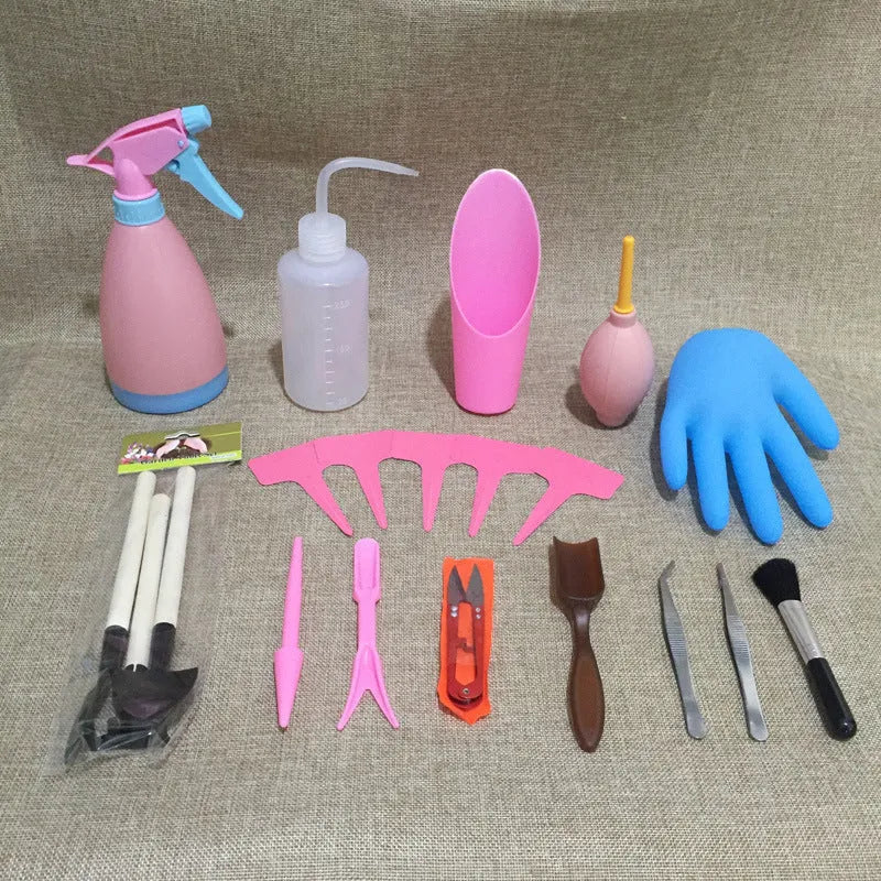 Succulent gardening tool set with watering can, tweezers, mini shovel, and rake for cactus care.