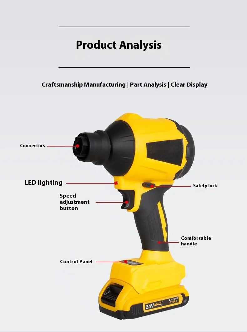Yellow handheld lithium battery dust gun with 680W power rating for cordless cleaning and inflation