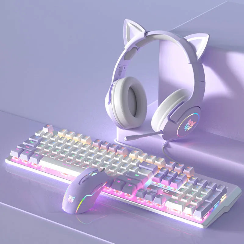 Purple and white wired mechanical keyboard and mouse combo set on a desk.