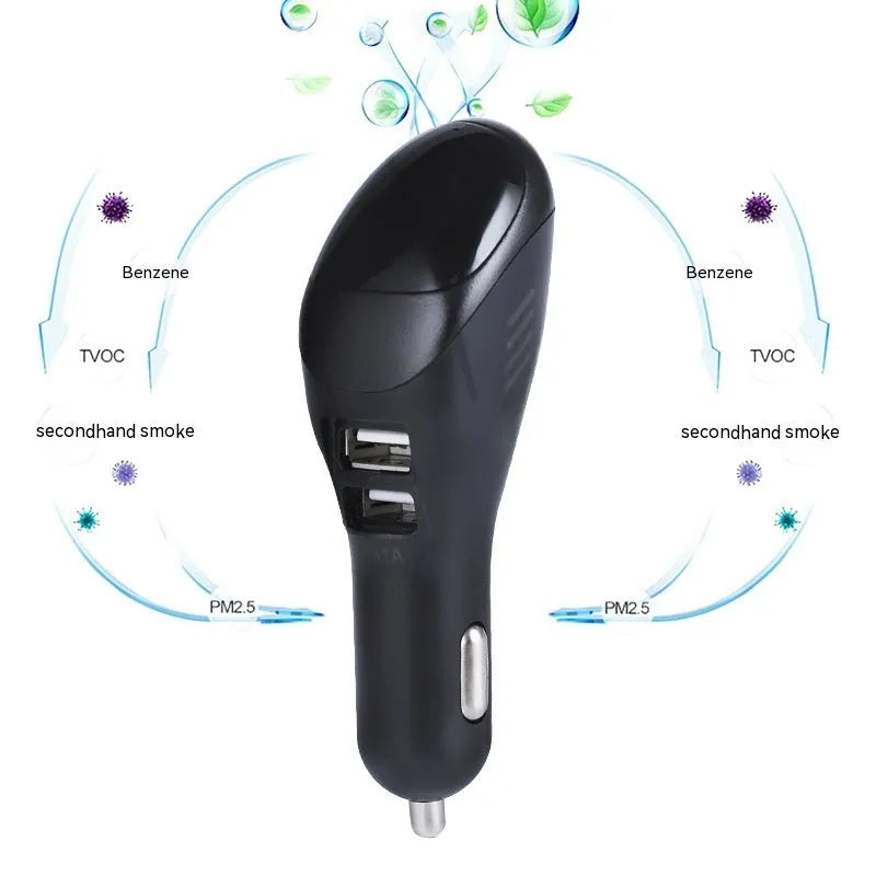 White car USB charger with integrated negative ion air purifier showing compact dimensions