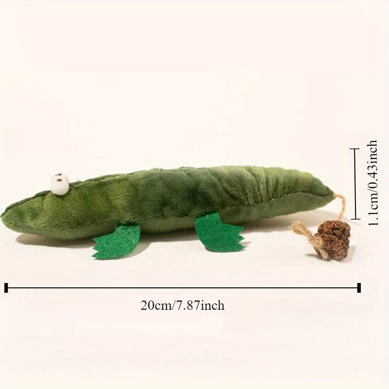 Green plush alligator cat toy measuring 30cm with peppermint scent for oral cleansing
