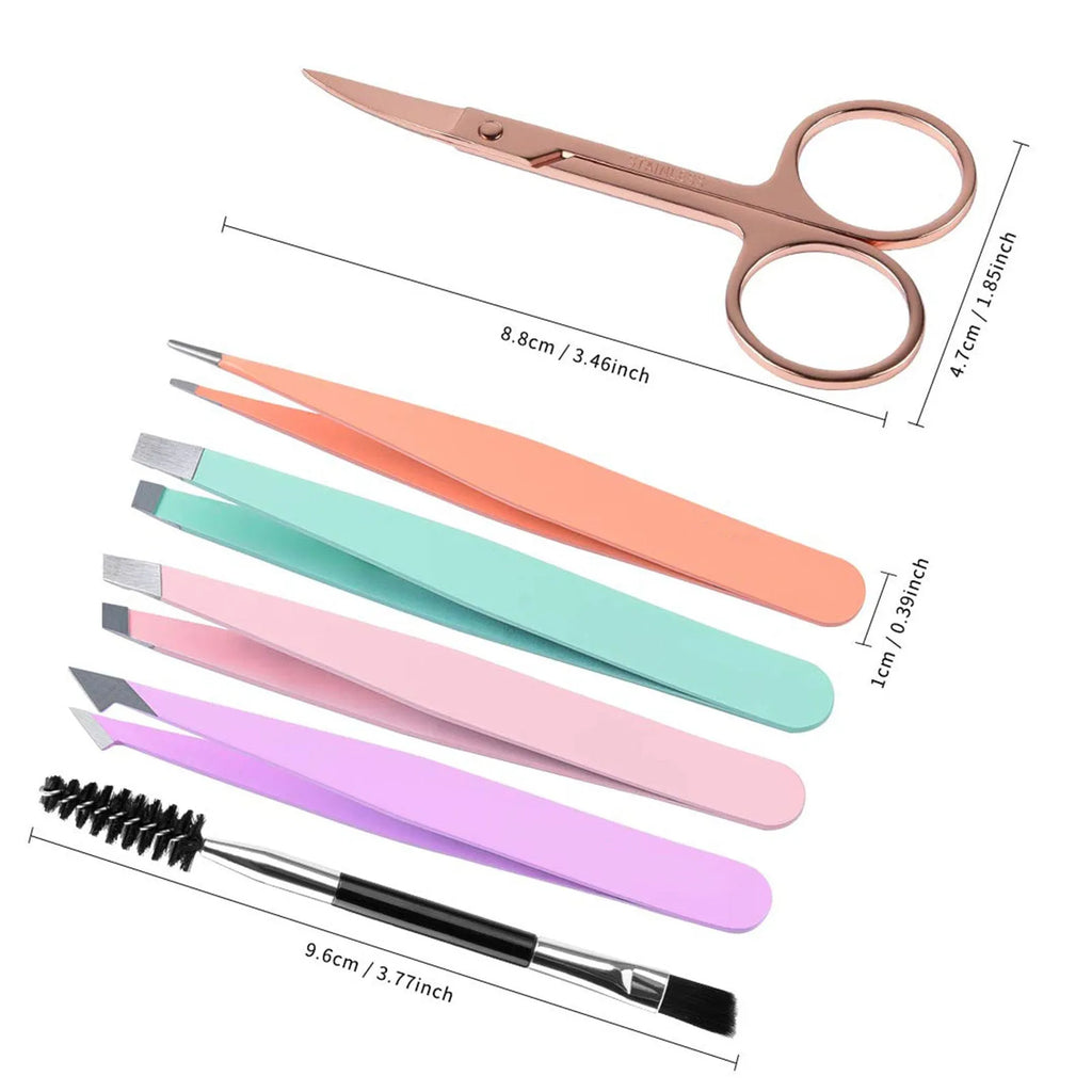 Professional six-piece stainless steel eyebrow tweezer set with curved scissors and brush in a leather case
