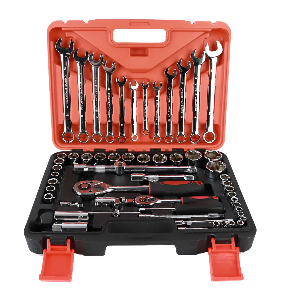 61-piece chrome vanadium steel mechanic tool set with ratchets, sockets, wrenches and extensions in a box.