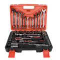 61-piece chrome vanadium steel mechanic tool set with ratchets, sockets, wrenches and extensions in a box.