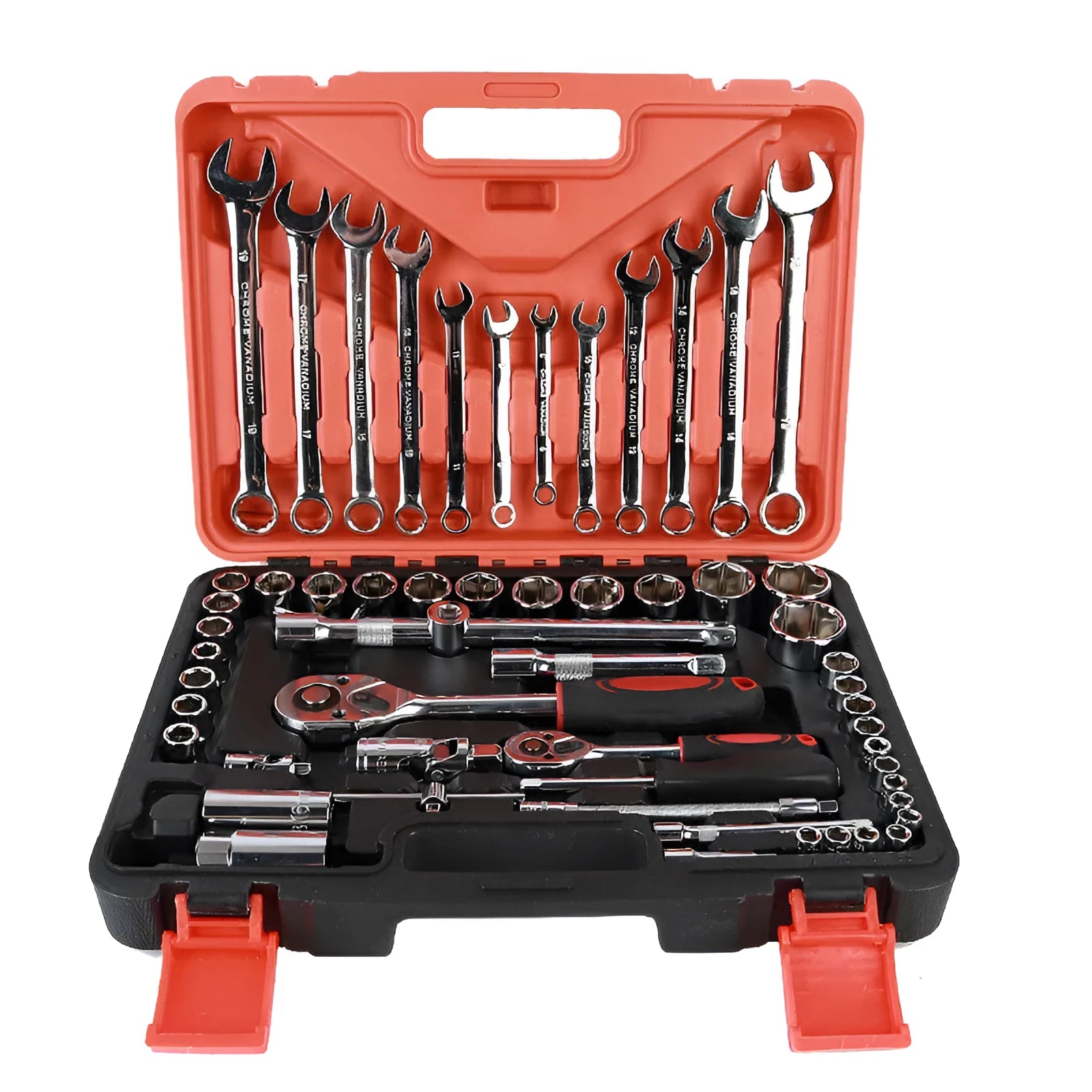 61-piece chrome vanadium steel mechanic tool set with ratchets, sockets, wrenches and extensions in a box.