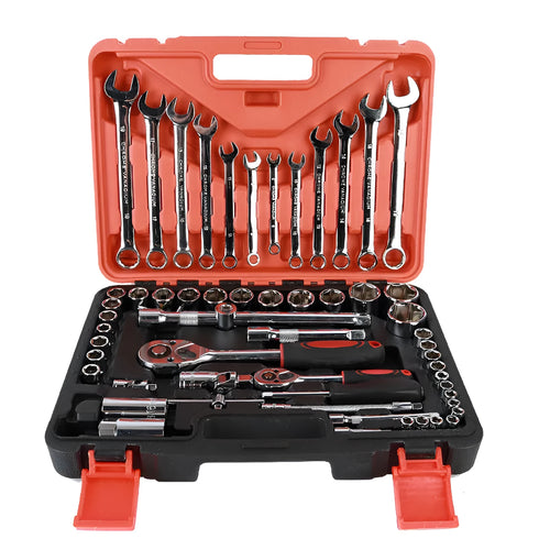 61-piece chrome vanadium steel mechanic tool set with ratchets, sockets, wrenches and extensions in a box.