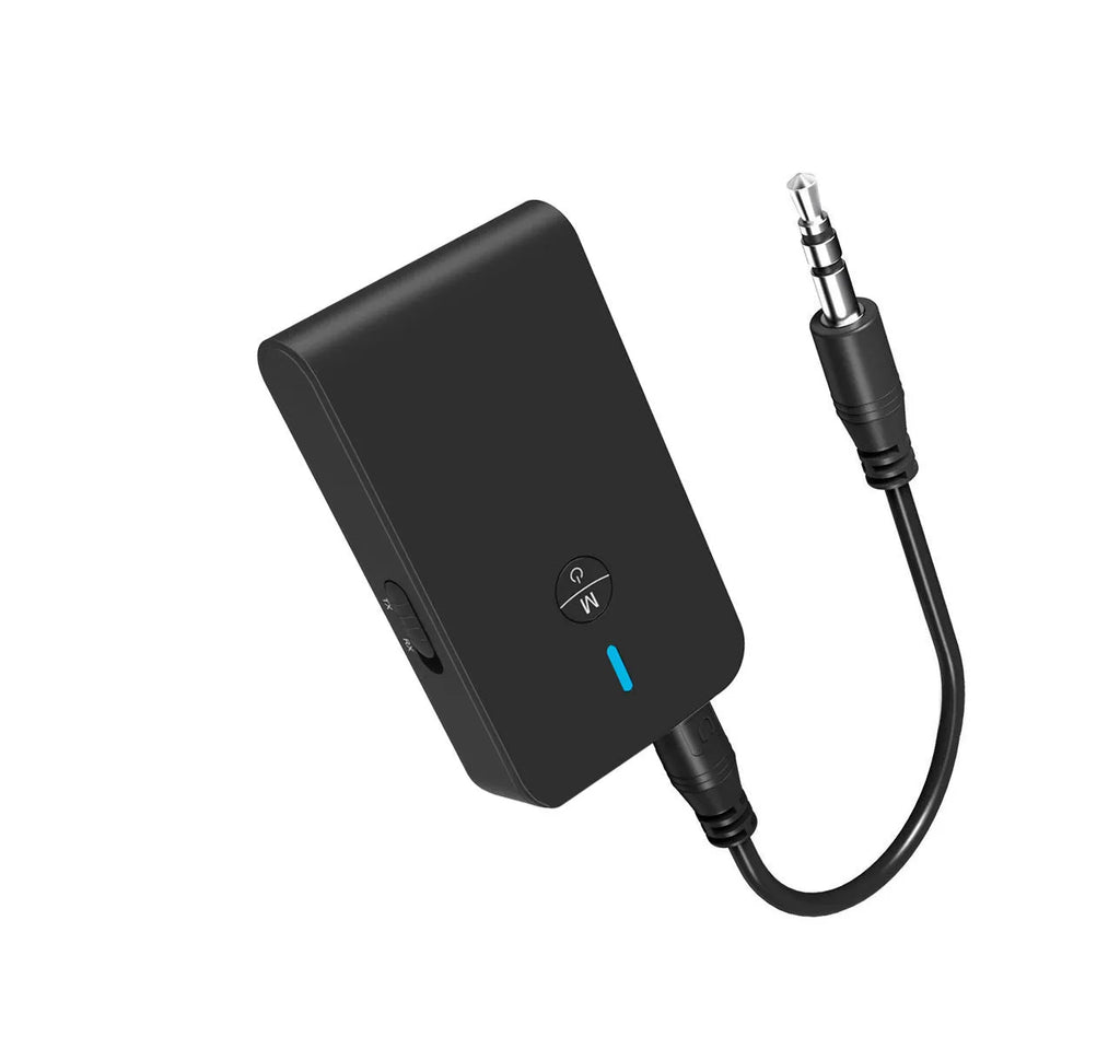 Black Bluetooth audio adapter with 3.5mm jack and external power supply unit