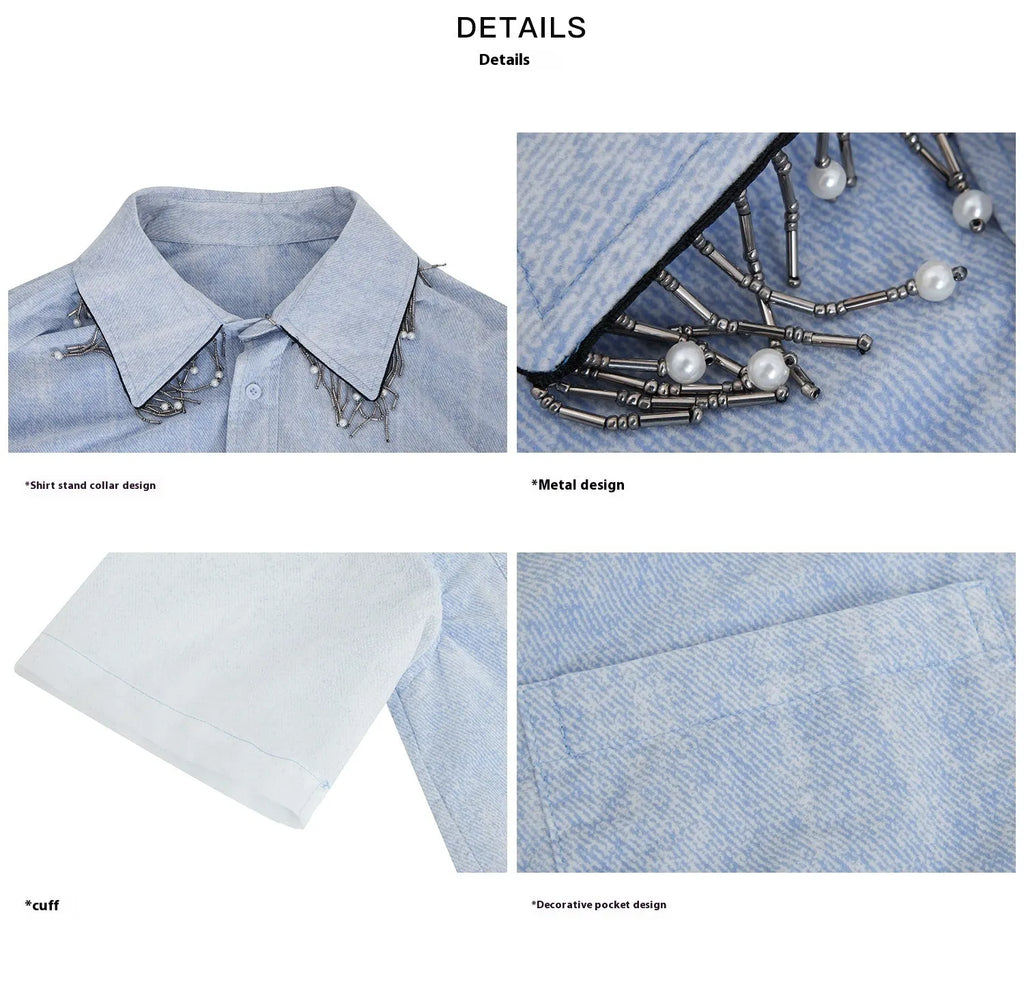 Men's loose fit blue white gradient shirt with quilted details and short sleeves