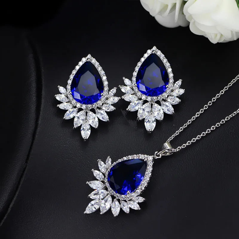 Bridal jewellery set with matching necklace, earrings and bracelet in blue, red or white colours