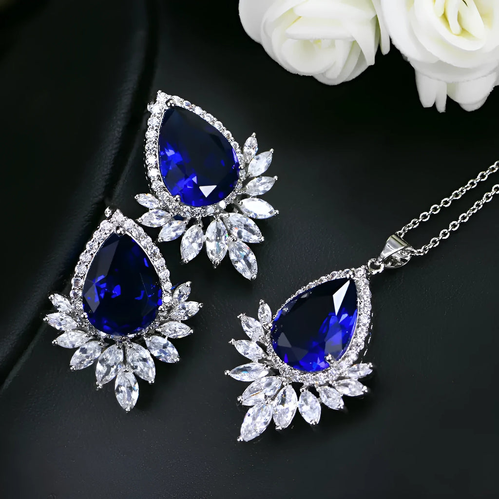 Bridal jewellery set with matching necklace, earrings and bracelet in blue, red or white colours