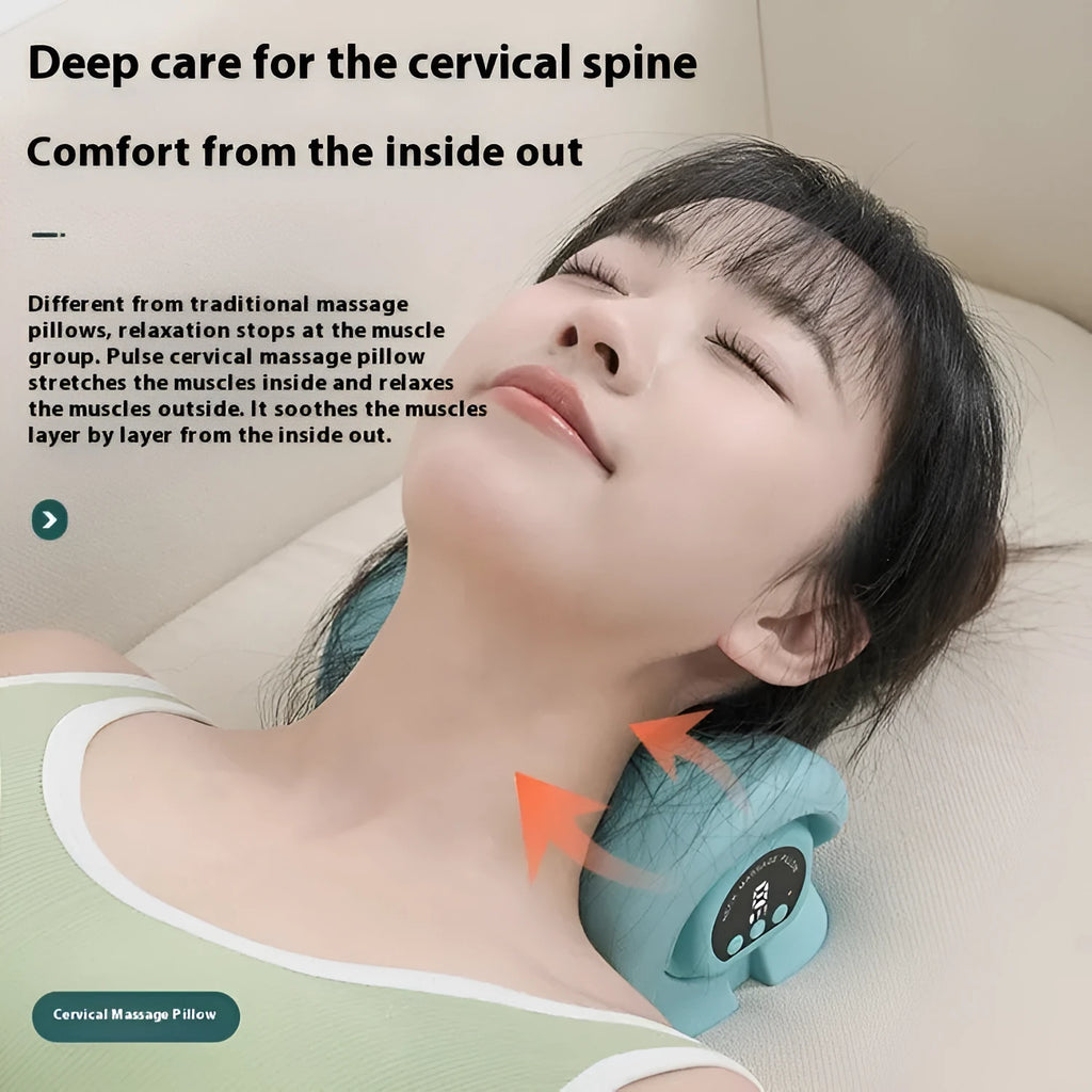 Blue-green portable cervical massage pillow with EMS and hot compress functions
