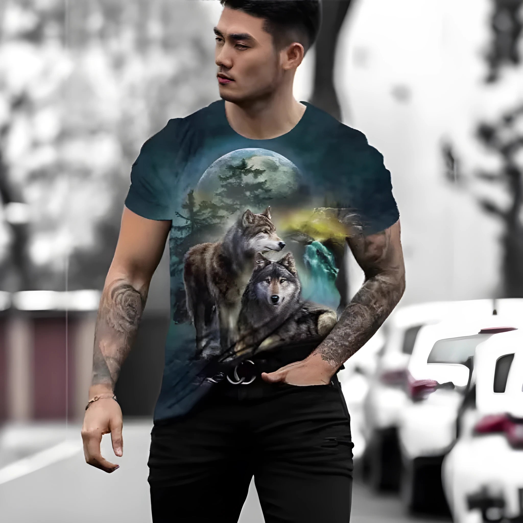 Man wearing a retro style 3D animal print short-sleeved t-shirt