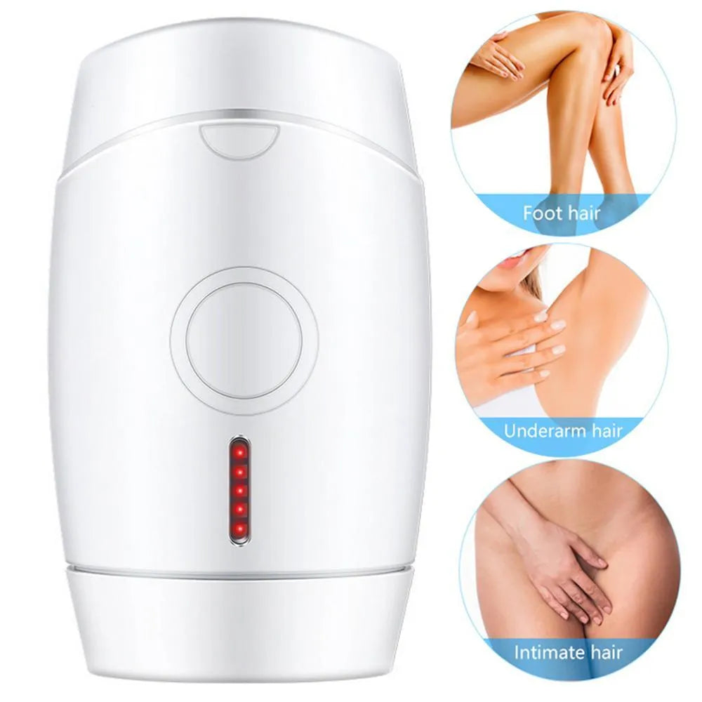White home laser hair removal device on a table showing its compact size.