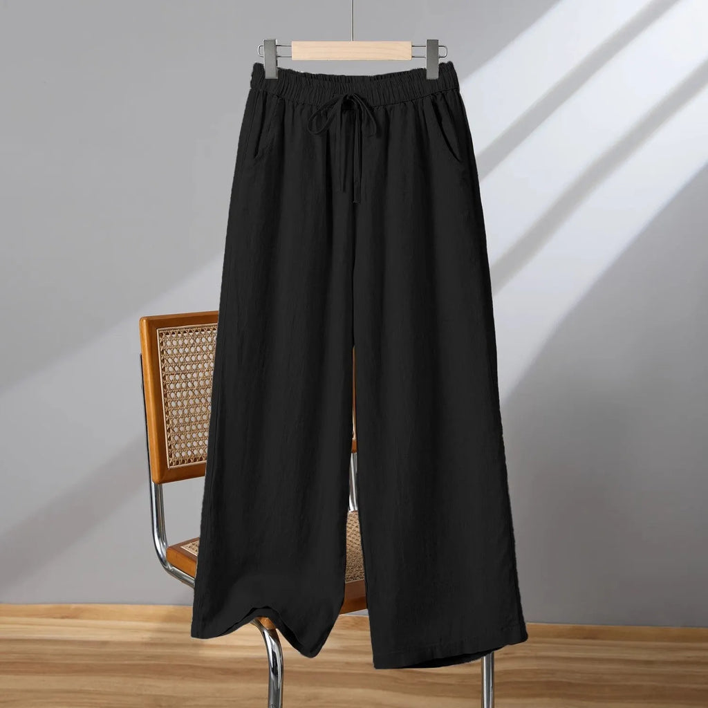 Women's straight-leg casual trousers with elastic waist and drawstring in polyester fabric
