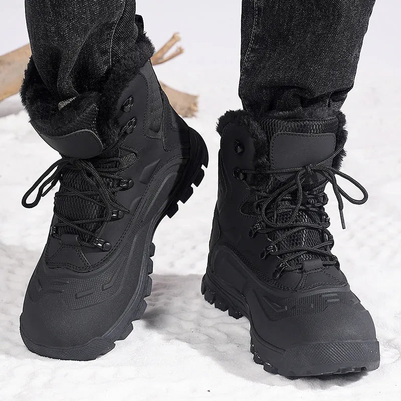Black plus size men's high-top boots with fleece lining, flat heel, and front lace-up design on a ribbed TPR sole.